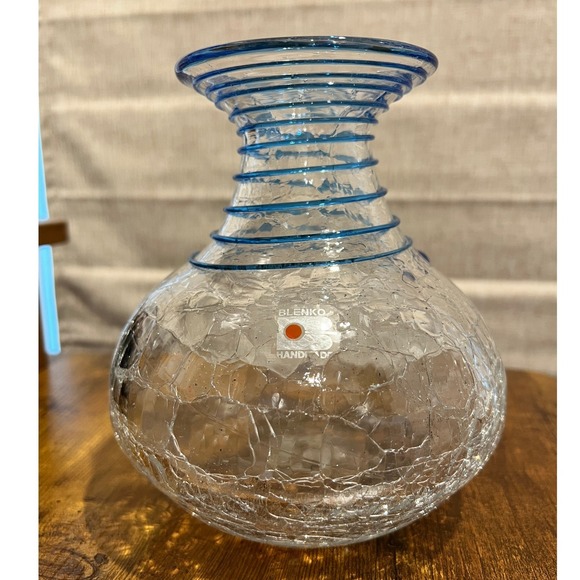 Blenko Clear Crackle Glass Vase Applied Blue Spiral Wrap Swirl Neckline MCM Vtg